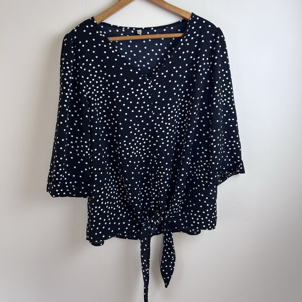 Black Women's Top‎ Polka Dot Blouse Chic Flattering Shirt Size Large